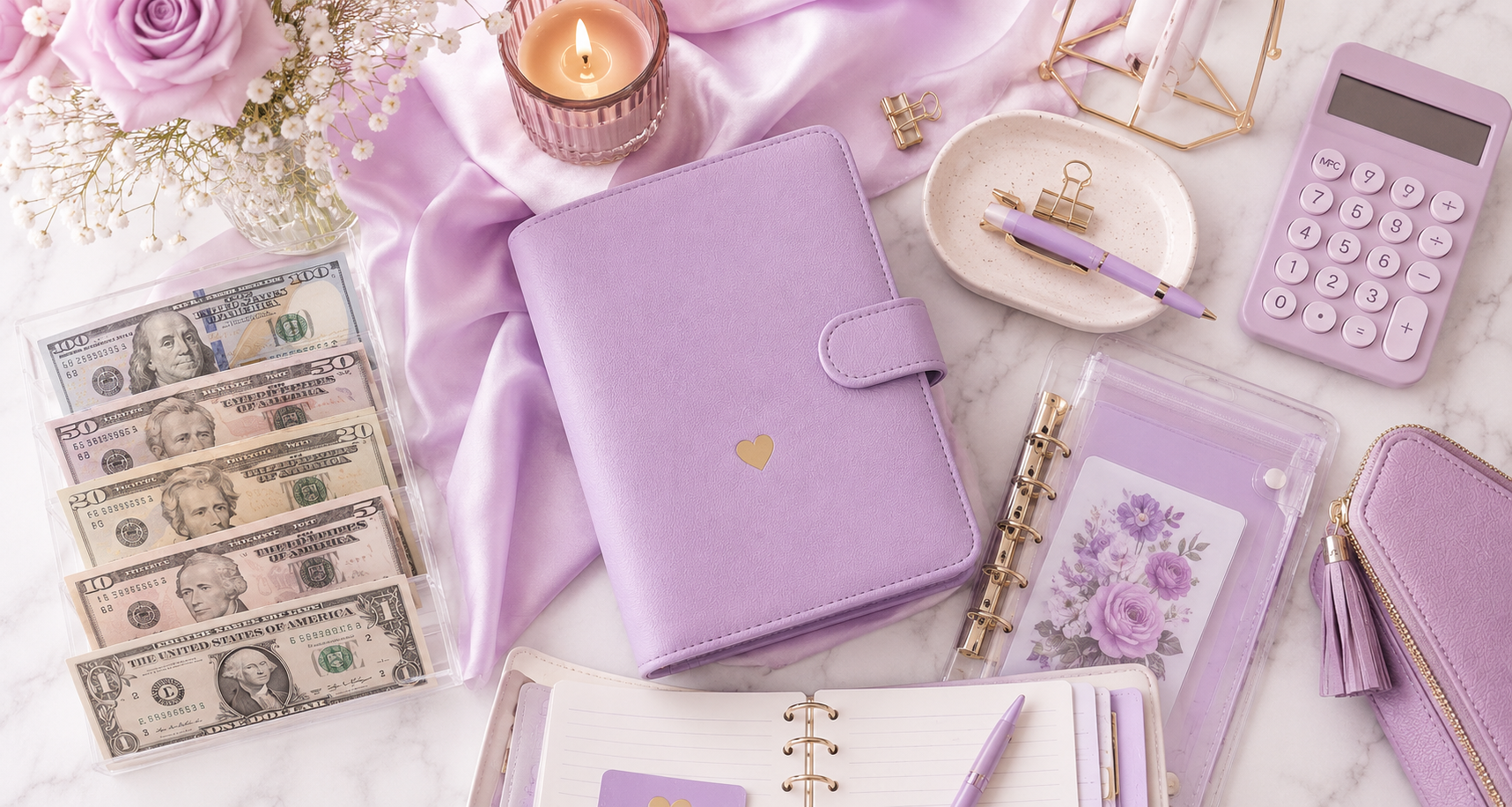 Lavender budget binder with cash envelopes and dollar bills